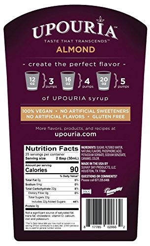Upouria Almond Coffee Syrup Flavoring, 100% Gluten Free, Vegan, and Non Dairy 750 mL bottle - Coffee Syrup Pump included