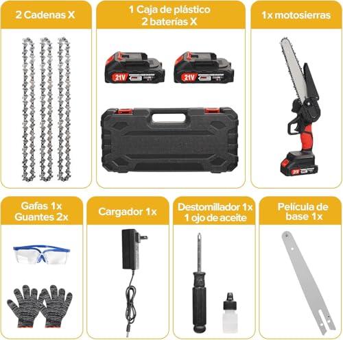 Mini Motosierra de Mano de 8 Pulgadas,Motosierra Inalmbrica Portátil y Funcional,Motosierra Eléctrica de Con 2 Baterías 21v,para Poda de árboles,Jardinería