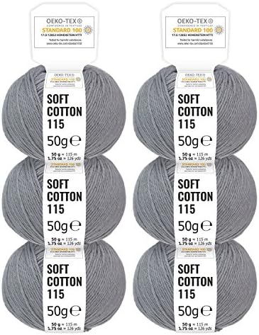 100% Cotton Wool in 14 Colours - 300g Set (6 x 50g) - Oeko Tex Standard 100 certified wool for knitting and crochet by fairwool - mid grey