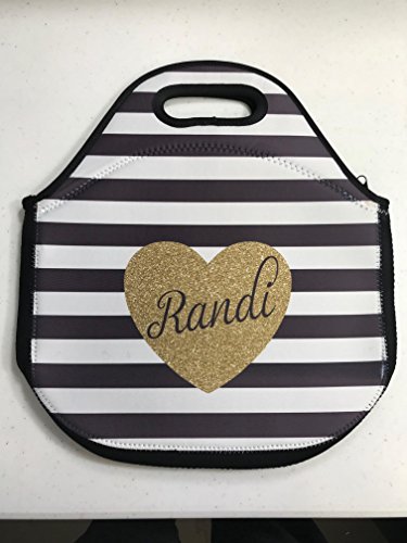 Insulated Lunch Bag for Women Insulated and Fashionable Stripes with Personalized Gold Glitter Heart