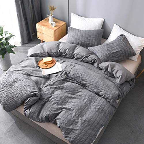 M&Meagle 3 Pieces Textured Duvet Cover Dark Grey Set with Zipper Closure,100% Washed Microfiber Seersucker Fabric,Luxury Hotel Quality Bedding-King Size(1 Duvet Cover 2 Pillowcases)