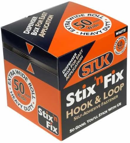STUK SNF50DW5 50 mm x 5 m Stix'n'Fix Extra Wide Self-Adhesive Hook and Loop Fastener Jumbo Roll in Dispenser Box - White