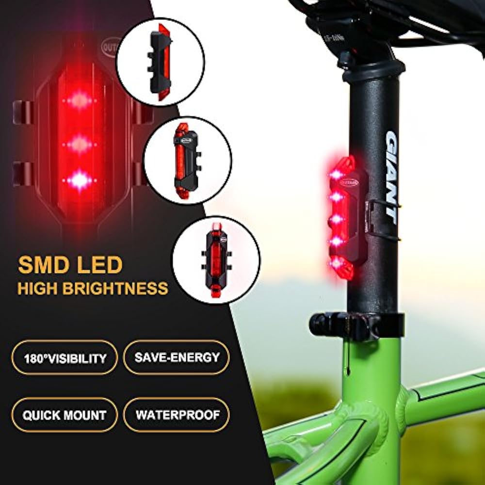 USB Rechargeable Bicycle Light Front Tail Set 5 LEDs 4 Modes Head Back