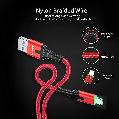 Essager LED Type C Cable Fast Charger 3A 2-Pack (6.6ft+3.3ft) USB A 2.0 to USB-C Mobile Phone Charging Wire Cord for Xiaomi K20 Samsung Oneplus 7 Pro Nintendo Switch Huawei Mate (Red)
