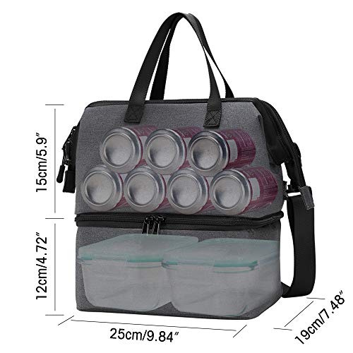 Lunch Bag Box 2 Compartments Lunch Tote Double Deck Cooler Bag Insulated Reusable with Shoulder Strap Men Women in Picnic Trip Working (Gray N20) by F40C4TMP