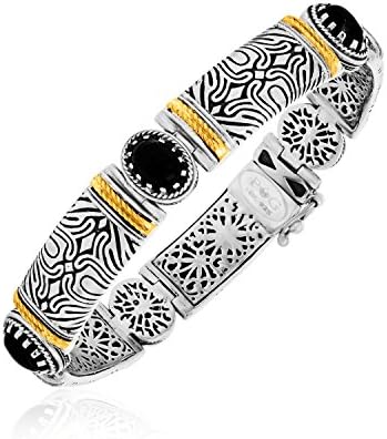 18K Yellow Gold &amp; Sterling Silver Patterned Bangle with Black Onyx Stations