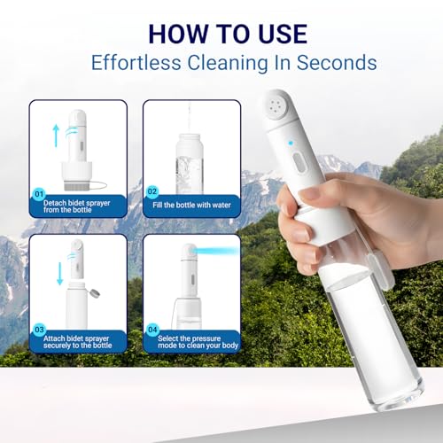 AquaNomad Portable Bidet with 350ML Bottle - USB-Type C Portable Travel Bidet Electric, Dual Pressure Travel Bidet with LED Light - Waterproof Portable Shattaf, Bidet Sprayer for Toilet Travel