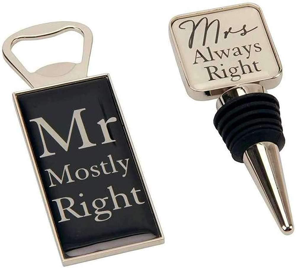 Mr Mostly Right & Mrs Always Right Bottle Opener & Bottlestopper Wedding Set in Gift Box