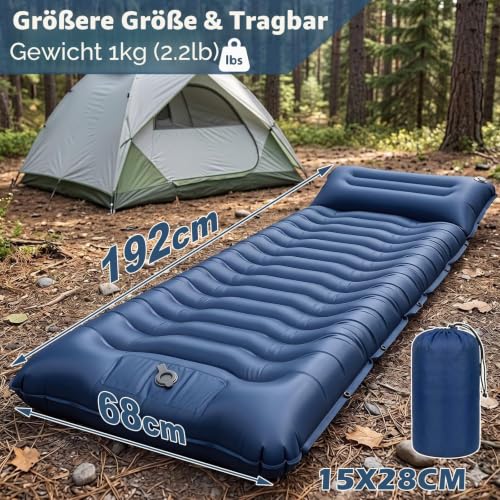 Owelth Isomatte Camping Outdoor, 14cm Verdickte Luftmatratze Isomatte mit Kissen & Fußpumpe, Faltbare Campingkarymatte, Kompakt Aufblasbare Schlafunterlage für Wandern Reisen Strand, 192 * 68 * 14cm