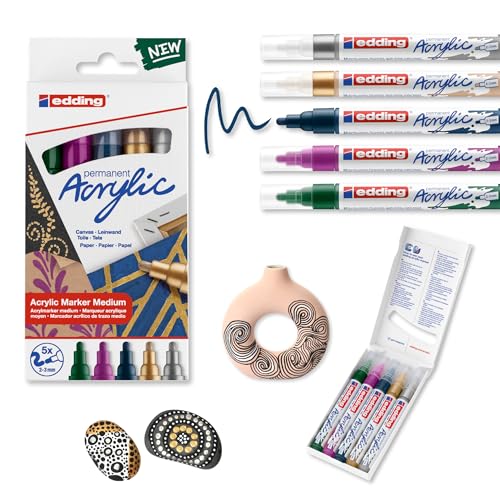 edding 5100 Acrylmarker - gruen violett blau silber gold - 5 Acrylfarben Set (festlich) - Rundspitze 2-3 mm - Acryl Farben zum Malen auf Leinwand, Holz, Steine - Acrylstifte fuer Steine wasserfest
