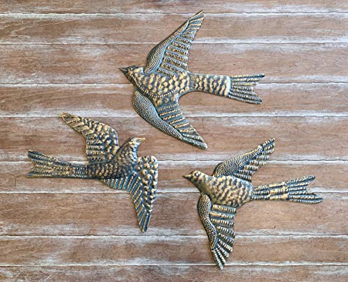 Large 14" Metal Birds Decorative Wall/Fence Plaques Brass Verdigris Garden Art Sculptures - Set of 3
