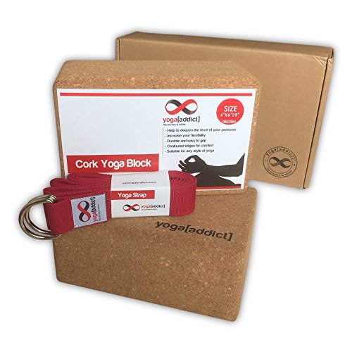 Cork Yoga Blocks 2 Pack and Yoga Strap Set with Box, Set, Yoga, Pilates, Deepen Poses, Improve Flexibility and Strength, Quality – Cork Yoga Blocks 2 Pack and Strap (Red) Set