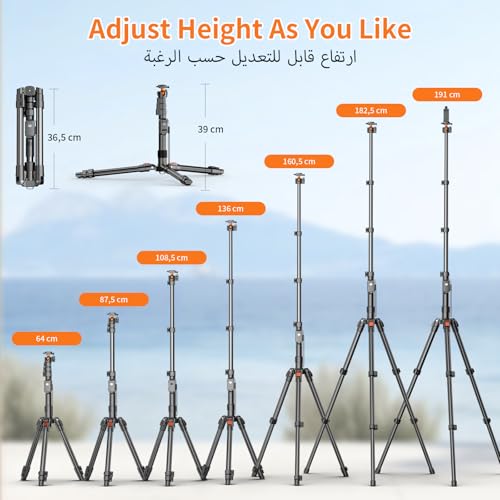 XXZU 191cm Camera Tripod, Phone Tripod with Remote Control, Aluminum Tripod for Camera with Phone Holder and 360° Rotula, Travel Tripod for Camera/Smartphone/Ring Light/Projector, Max Load 8KG