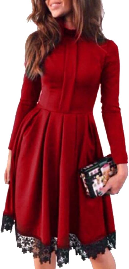 Heless Women's Lace Stitch Turtle Neck Long Sleeve A-Line Solid Midi Dress