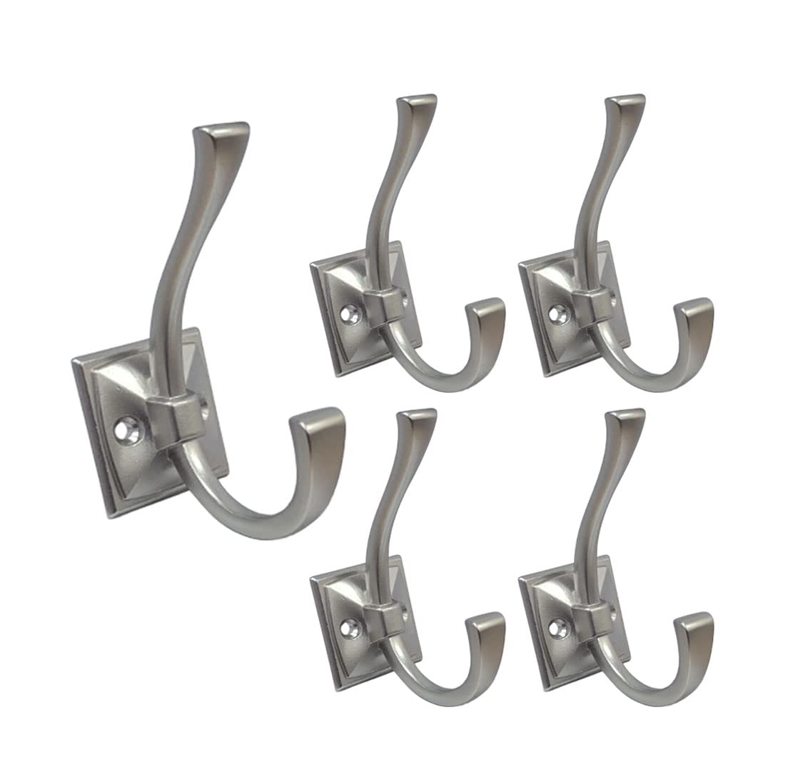 QCAA Coat and Hat Hook, Zinc Die Cast, Nickel, 5 Pack, Made in Taiwan