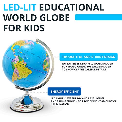 Illuminated Kids Globe with Stand â€“ Educational Gift with Detailed World Map and LED Night Light (Power Cord Included)
