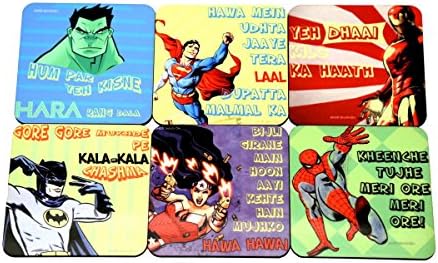 Shor Sharaba Wooden Tea Coffee Mug Coasters for Drink and Holder Set with Indian Style of Avengers, Set of 6