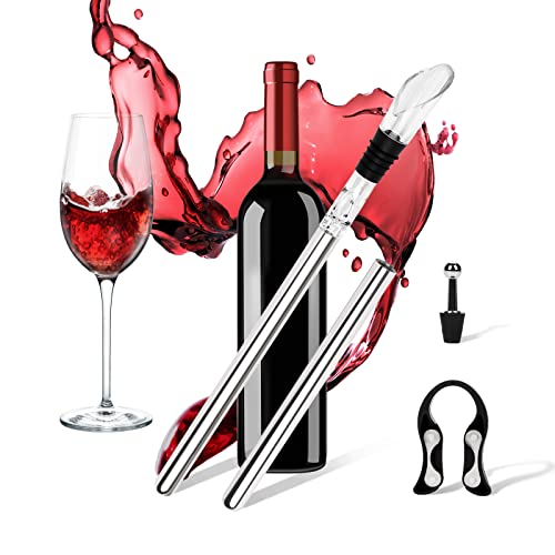 DOBIGER 2PCS Rafraichisseur de Bouteille de Vin Bâton, 5 en 1 Rafraîchisseur à Vin Bâton en Acier Inoxydable avec Aérateur + Bec Verseur Anti-Goutte + Coupe-Capsule
