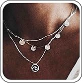 Erimberate Bohemian Ocean Wave Pendant Necklace Layered Coin Dangle Necklace Silver Textured Coin Choker Necklace Satellite Necklace Choker Jewelry for Women