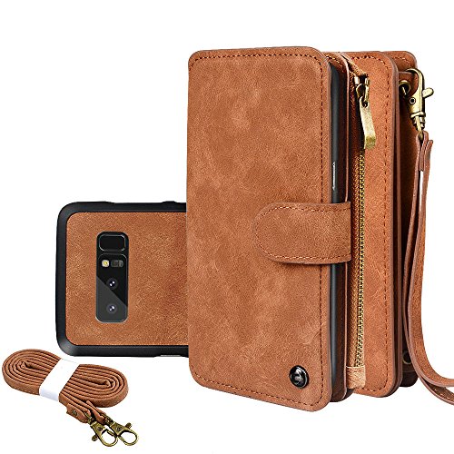 Galaxy Note 8 Case, Cornmi Leather Wallet Case 14 Card Slot Wristlet / Shoulder Strap Flip Stand Zipper Purse Detachable Magnetic Case for Samsung Galaxy Note 8 (Brown)
