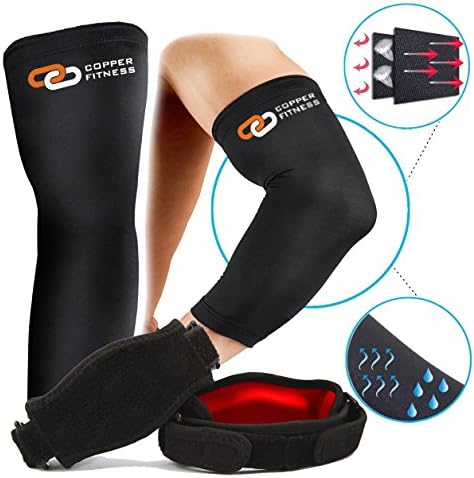 Copper Fitness 1 Tennis Elbow Brace &amp; 1 Recovery Copper Elbow Sleeve, Forearm Brace Strap With Pad. Complete Support &amp; Relief of Golfer &amp; Tennis Elbow