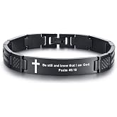 MEALGUET Stainless Steel Religous Scripture Quote Faith Christian Bible Verse Inspirational Cross Carbon Fiber Link Bracelet for Men