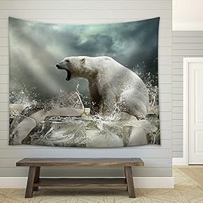 White Polar Bear Hunter on The Ice in Water Drops. - Fabric Wall Tapestry Home Decor - 51x60 inches