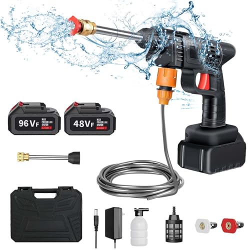 96V Hidrolavadora Inalambrica(2 Batería),Hidrolavadora Portatil con Manguera 5m, 2 Boquilla y Cañón de Espuma,Lavadora a Presión Portátil,Alcance de 6-8 Metros,Lavar Coches,Pisos,Riego de Jardín