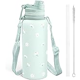 Mint Daisy Stainless Steel Water Bottle with Strap 32oz, Insulated Bottles with Straw and Spout Lid for Gym Sports Travel Outdoor, Gifts for Women Girls Birthday Christmas