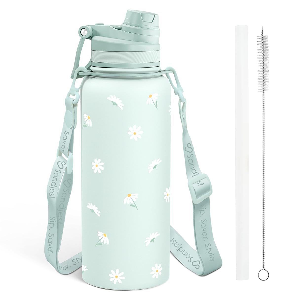 Photo 1 of **HAS RUSTING *** Mint Daisy Stainless Steel Water Bottle with Strap 32oz, Insulated Bottles with Straw and Spout Lid for Gym Sports Travel Outdoor, Gifts for Women Girls Birthday Christmas