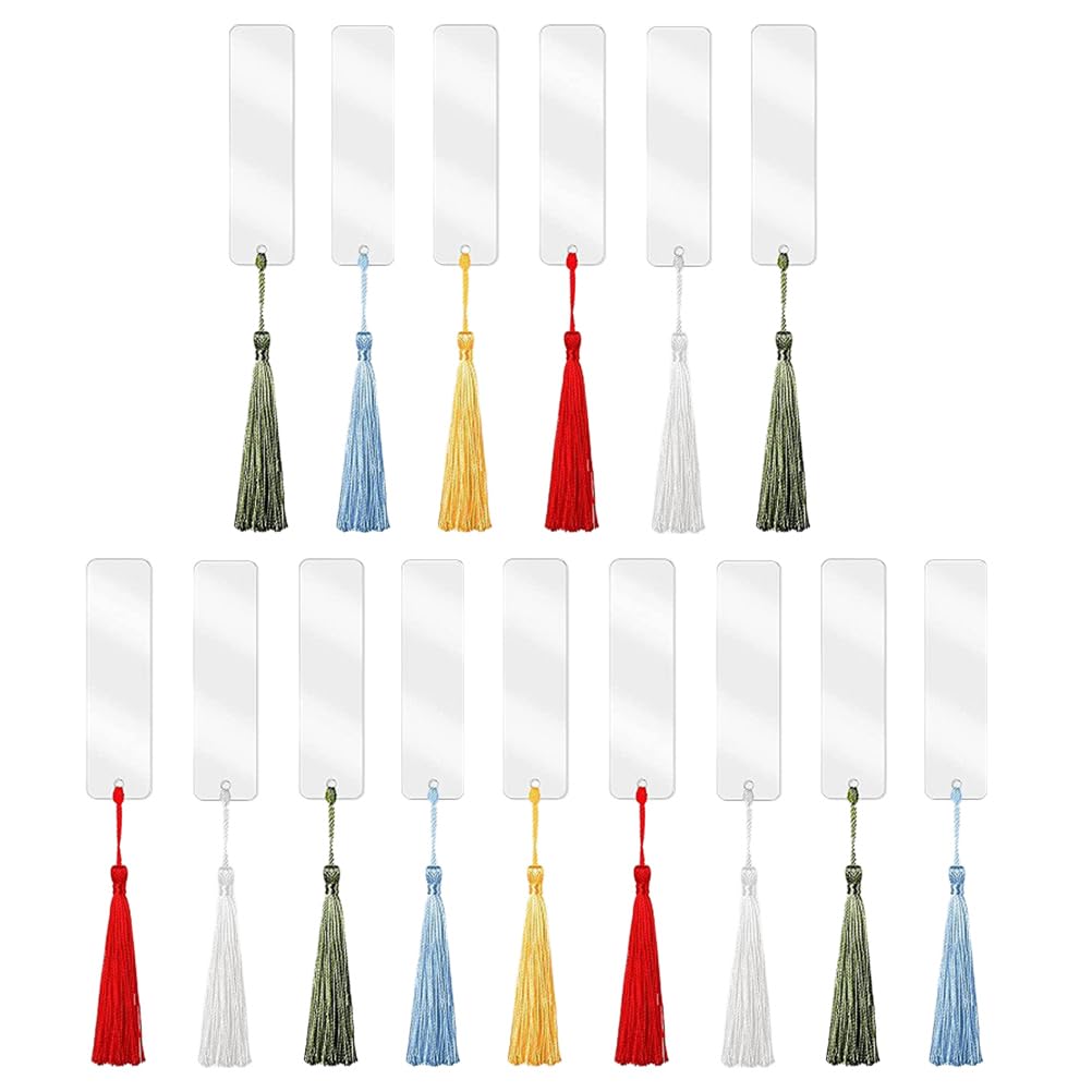 SEWACC 15 Sets Blank Acrylic Bookmark Clear Bookmark with 15 Pieces Colorful Tassel for DIY Projects and Present Tag
