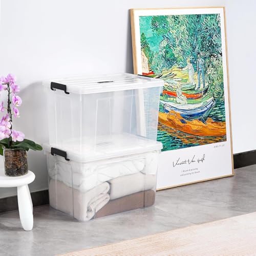 Premify 2 Pack Storage Boxes 100L Large Clear Strong Plastic Storage Box with Lid – Transparent Organizer Bin for Clothes, Toys, Food, Kitchen, Wardrobe, Garage & Home Use