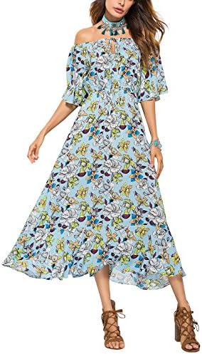 Dyefei Women's Summer Floral Off Shoulder Bell Sleeve Casual Midi Boho Bohemian Plus Size Dress