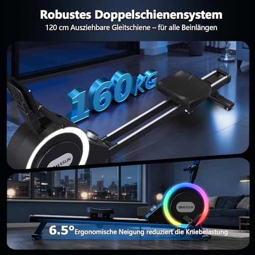 Rudergerät für Zuhause, DMASUN Magnetisches Rudergerät mit Upgrade Doppel-Slide-Rails, APP-Verbindung, 16 Widerstandsstufen, LCD-Datenanzeige, ideal für Cardio-Training
