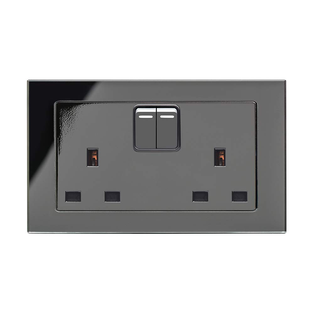 RETROTOUCH Crystal, Double Plug Socket, Switched, Black Glass, 13A