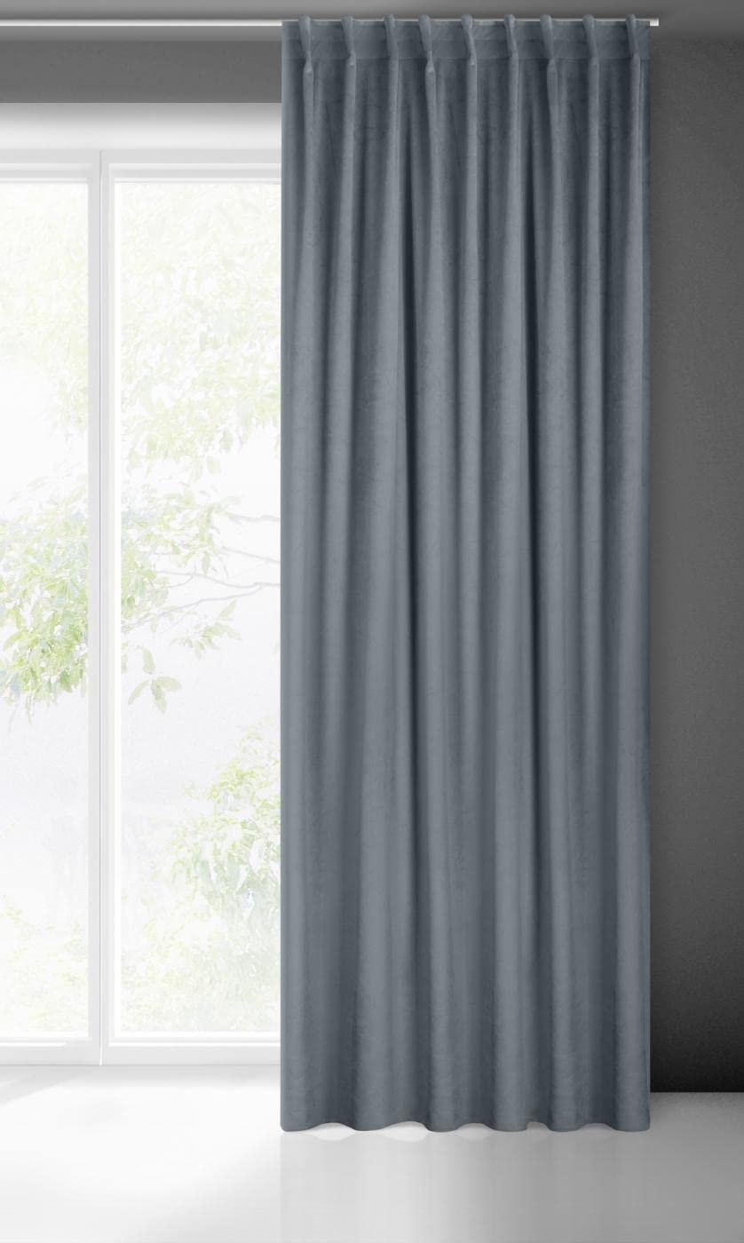 Eurofirany Madlen Velvet Curtain with Pleated Tape 1 Piece Soft Elegant Curtain 200 g/m² Elegant Smooth Plain Modern Classic Living Room Bedroom 140 x 300 cm Graphite