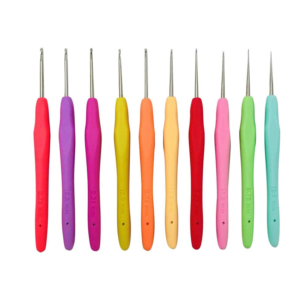 10Pcs Small Size Crochet Hook Set 0.5mm-2.75mm Ergonomic Soft Handle Crochet Hooks Thread Crochet Steel Lace Hooks