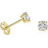 Solid 14k Yellow Gold Solitaire Round Cubic Zirconia CZ Stud Earrings with 14k Gold Butterfly Push Backings