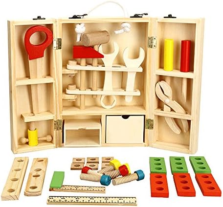 Kid's Wooden Tool Box and Accessory Play Set,Miya Fix It Repair Tool Kit Toys Colorful Wooden Tools Construction Toy Role Play Set Pretend Play Repair Kits Puzzle Toys for Children Boys