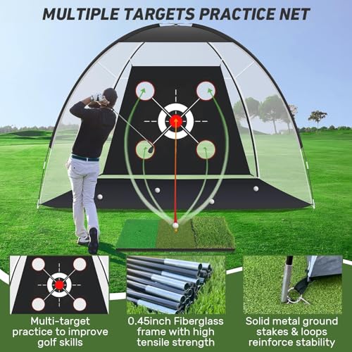 Golf Net with Practice Mat – 10x7FT Golf Hitting Net & Simulator for Home, Indoor/Outdoor Chipping and Driving Practice Set with Target, Balls – Great Gift for Men, Dad, Golfers