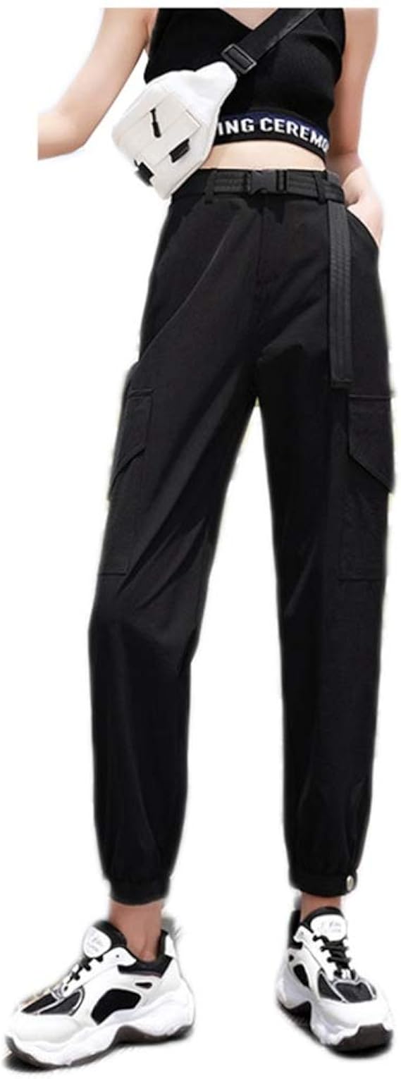 Amazon パンツ レディース カーゴパンツ ボトムス ウエストゴム 大きいサイズ カジュアル 春夏 クロップド ストレート ダンスパンツ 黒 M ミリタリーパンツ 作業着 ゆったり ブラック グレー ファッション ゆるい 運動着 Bf風 原宿風 ロングパンツ 通販