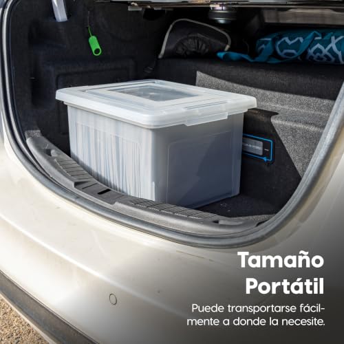 IRIS USA Caja de Transporte de Archivos Tamaño Carta/Legal, Paquete de 4, Caja de Almacenamiento Libre de BPA con Tapa de Seguridad y Cierre Duradero, Archivero Apilable Encajable, Negro/Transparente