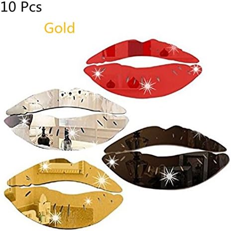 ASIBT 10 Pcs 3D Mirror Kiss Lip Art Mural Home Decor Acrylic Decals Wall Stickers,One Size (Gold)