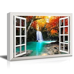 Window View Canvas Wall Art - Waterfall in The Forest with Red Trees - Giclee Print Gallery Wrap Modern Home Art Ready to Hang - 12x18 inches
