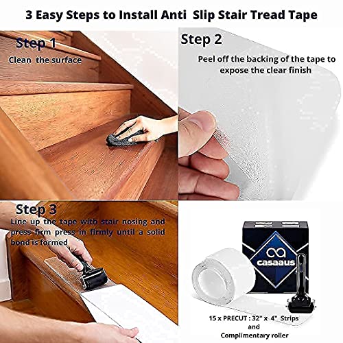 CASAAUS Clear AntiSlip Stair Treads Tape 32" x 4" (15Pack) NonSlip