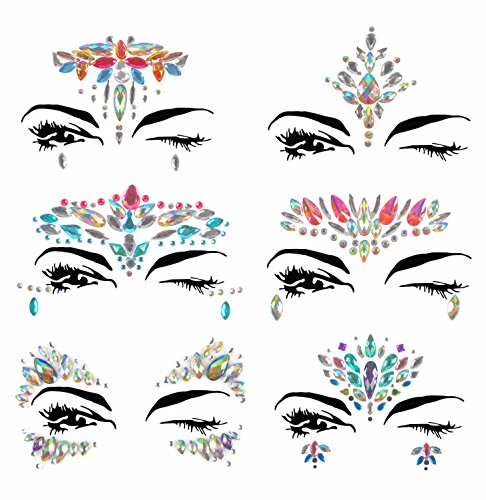 Face Jewels, Ynredee 6 Sets Women Mermaid Rave Festival Glitter Body Sticker, Rhinestone Temporary Tattoo Face Gems Crystals Eyebrow Face Body Jewelry Halloween, Christmas, All Saints' Day