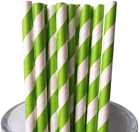 MY PAPER Biodegradable Paper Straws 7.75 Inch Decorative Striped Paper Straws 25 PACK (Apple Green)