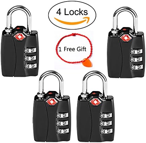 TSA Approved Travel Luggage Backage Locks with Open Alert Travel Security 3 Digit Combination Password Locksfor Suitcases- 4 Pack Black