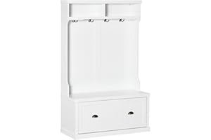 HOMCOM Entryway Bench with Coat Rack, 4 Double Hooks and 2 Compartments, Hall Tree with Bench and Shoe Storage for Hallway, Living Room, White