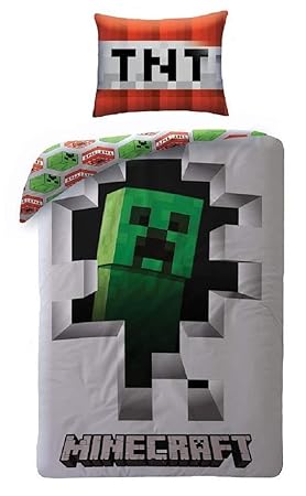 Creeper Minecraft Bettbezug-Set Bettwäsche 100% Baumwolle Cotton Bettbezug 135 cm x 200 cm + Kissenbezug 70 cm x 90 cm Kinder